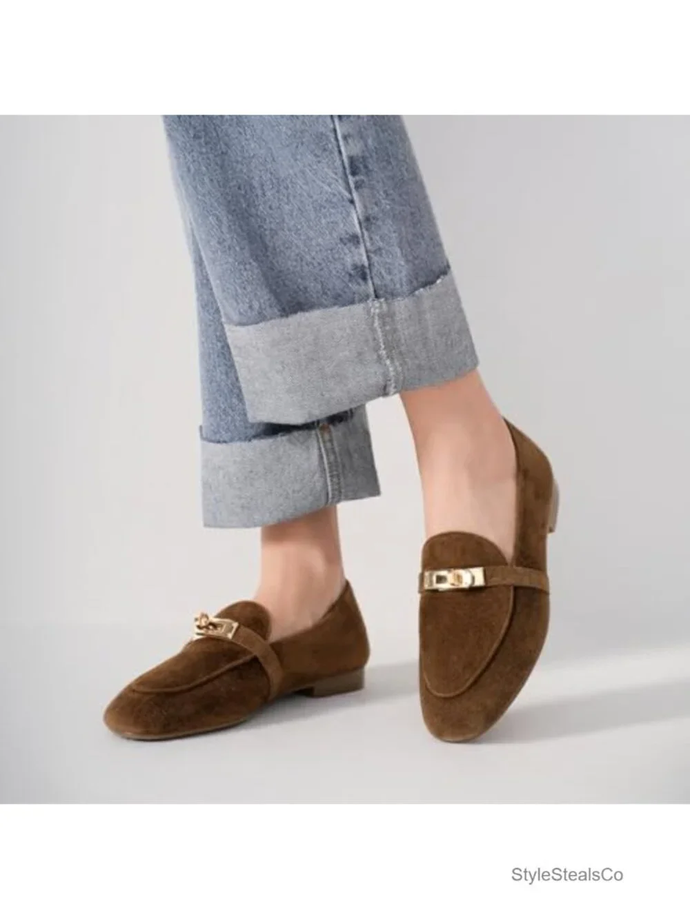 Suede Leather Loafers with Metal Buckle Slip-On Low Heel Work Shoes